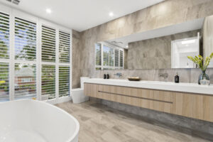 Sophisticated bathroom with downlights.