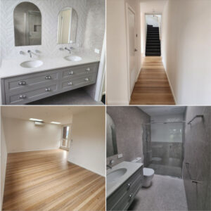 Photos of sank toilet in the bathroom, staircase and timber floor.
