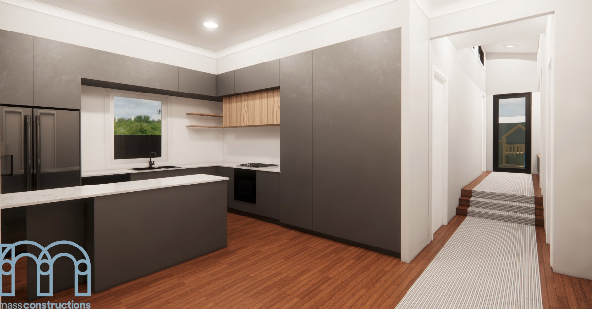 A modern kitchen with countertop and the walkway.